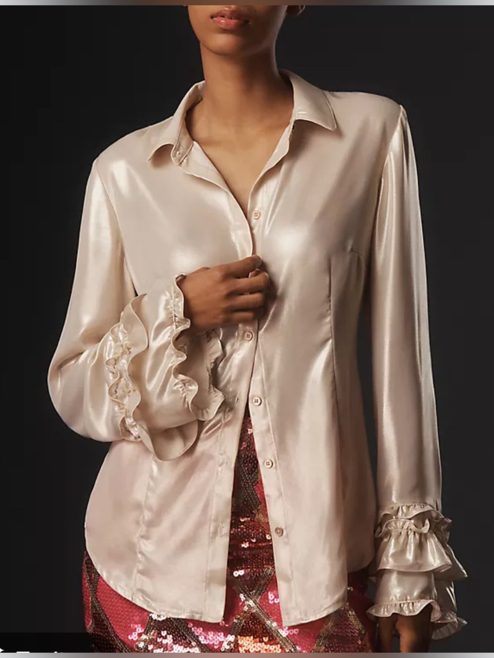 Anthropologie Maeve Ling Sleeve Buttoned Blouse Shirt silky Creamy rose size XS